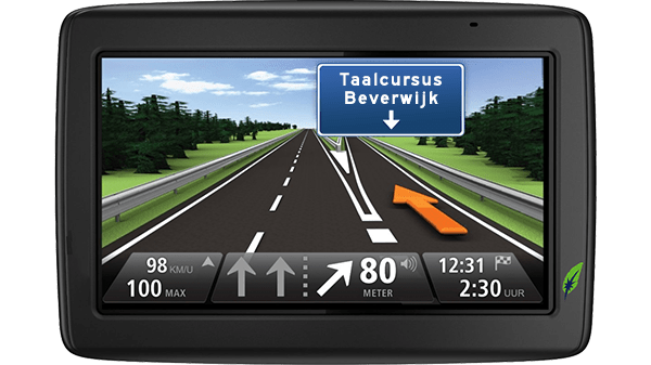 Screenshot navigatiesysteem met tekst Taalcursus Beverwijk aangegeven - in kleur op transparante achtergrond - 600 * 337 pixels